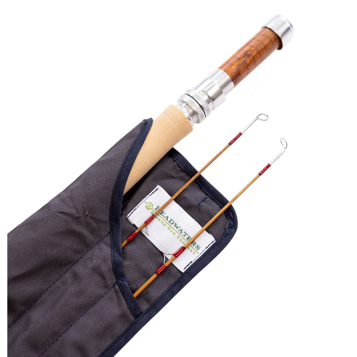 Two piece bamboo rod and spare tip in the Headwaters rod sock