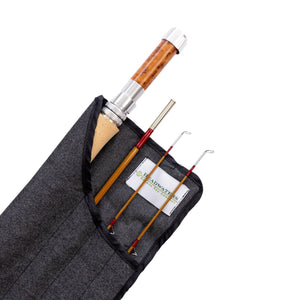 Three piece bamboo rod and spare tip in the Headwaters sock