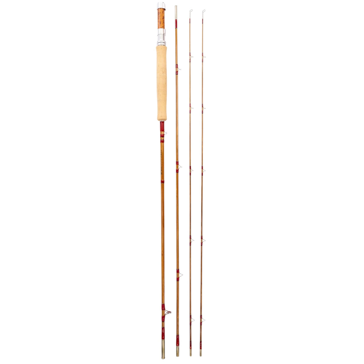 Three piece Headwaters bamboo fly rod with spare tip, sections laid out