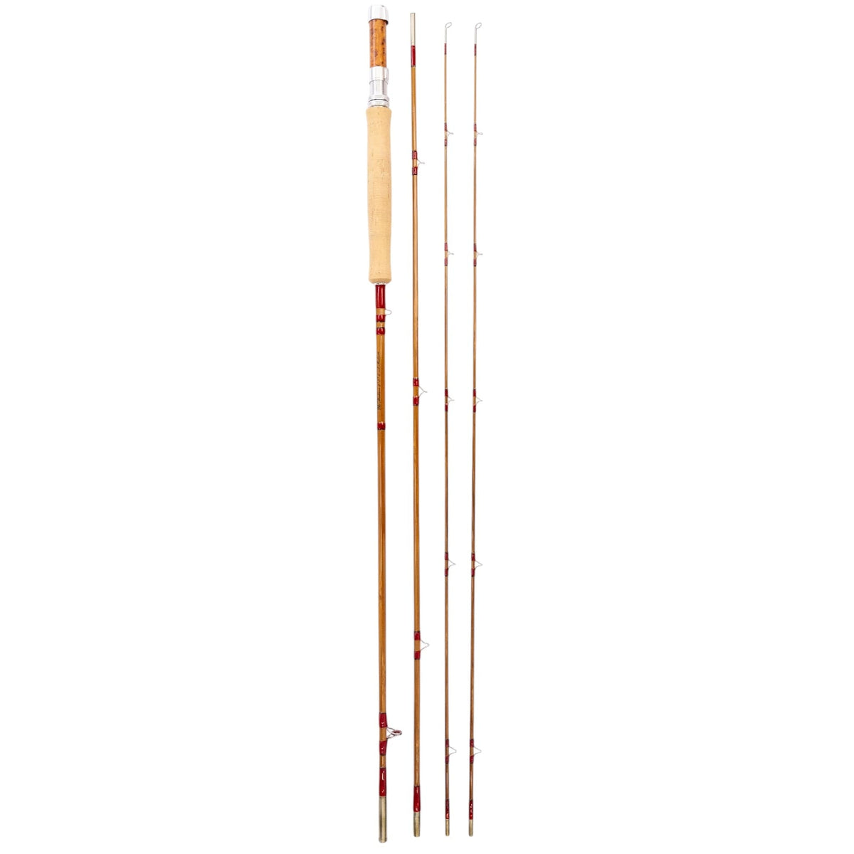 Three piece Headwaters bamboo fly rod with spare tip, sections laid out