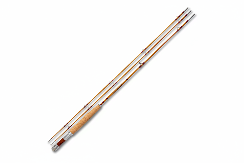 a hand-built split-cane bamboo fly rod laid out in three sections